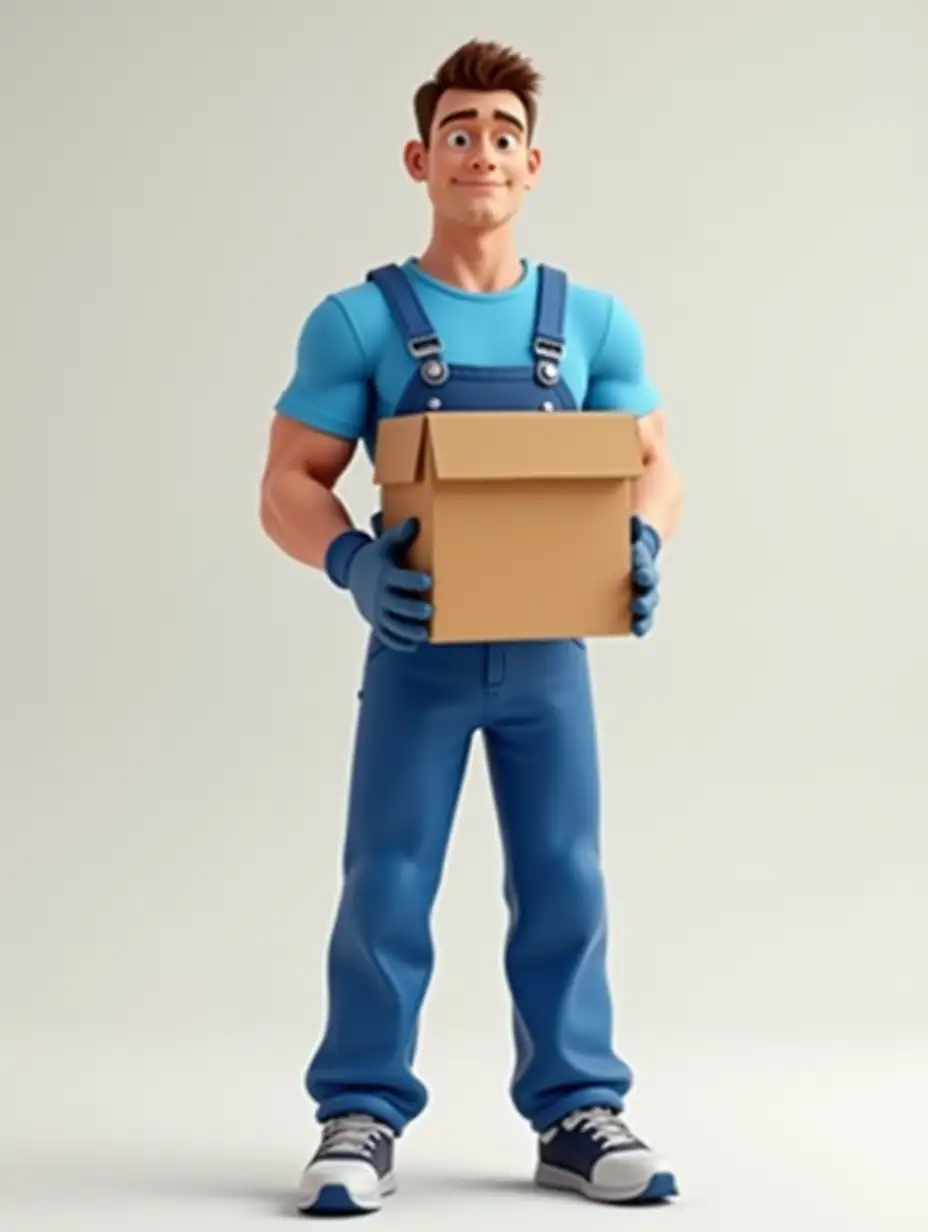 a 25-year-old man, looking straight ahead, standing full height, with european appearance, brown hair, short haircut, athletic body. Wearing a blue t-shirt, blue jumpsuit, gloves on hands, sneakers on feet. Holding a packed cardboard box in his hands. Pixar 3d style. High quality image.