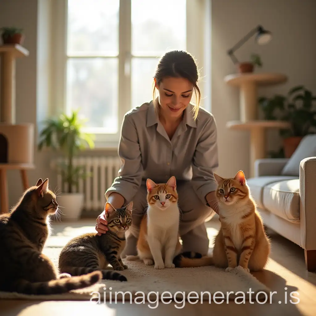 Caring-Pet-Sitter-Interacting-with-WellGroomed-Cats-in-Sunlit-Living-Room