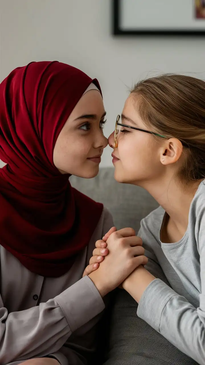 Elegant Teenage Girls in Red Hijab Sitting on Sofa