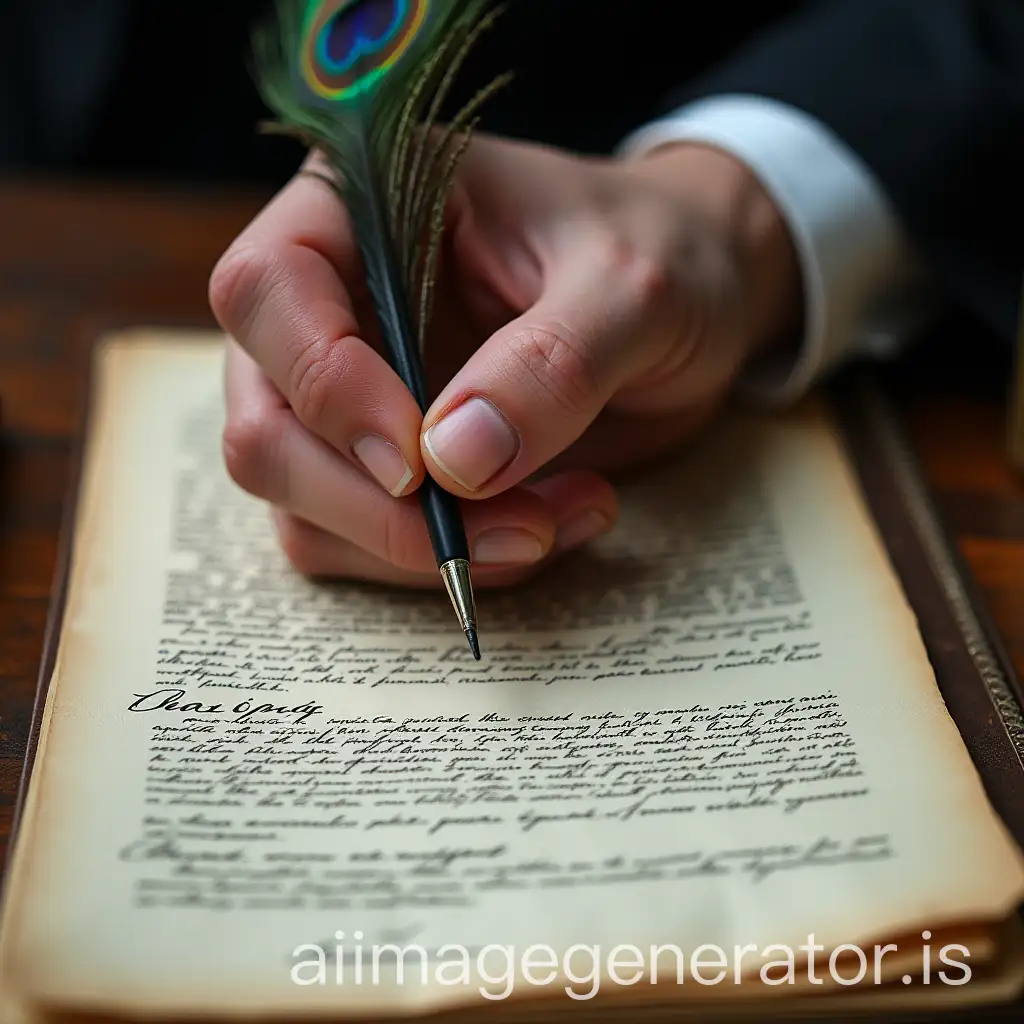 Hand-in-Black-Suit-Writing-with-Peacock-Feather-on-Document