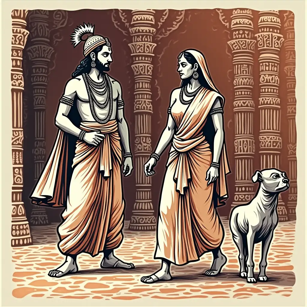 IN BLOCK PRINT STYLE, Lord Rama (MALE)With Simple clothes, On RAMA left -Lord goddess Sita(FEMALE), leaving Kingdom Ayodhya for their 14-year exile, Background a Kingdom with old sculptures