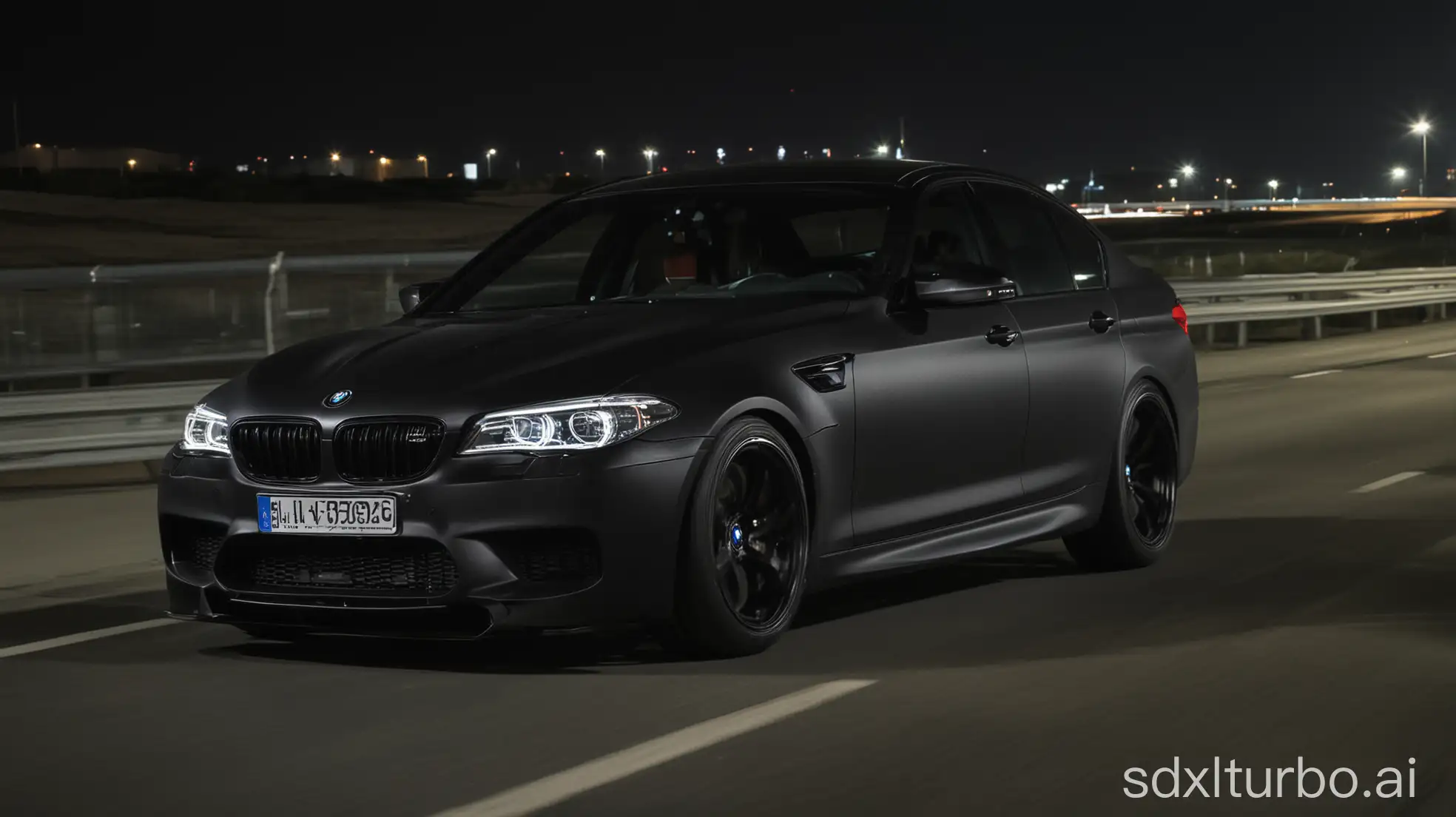 BMW-M5-Black-Matte-Speeding-on-Highway-at-Night