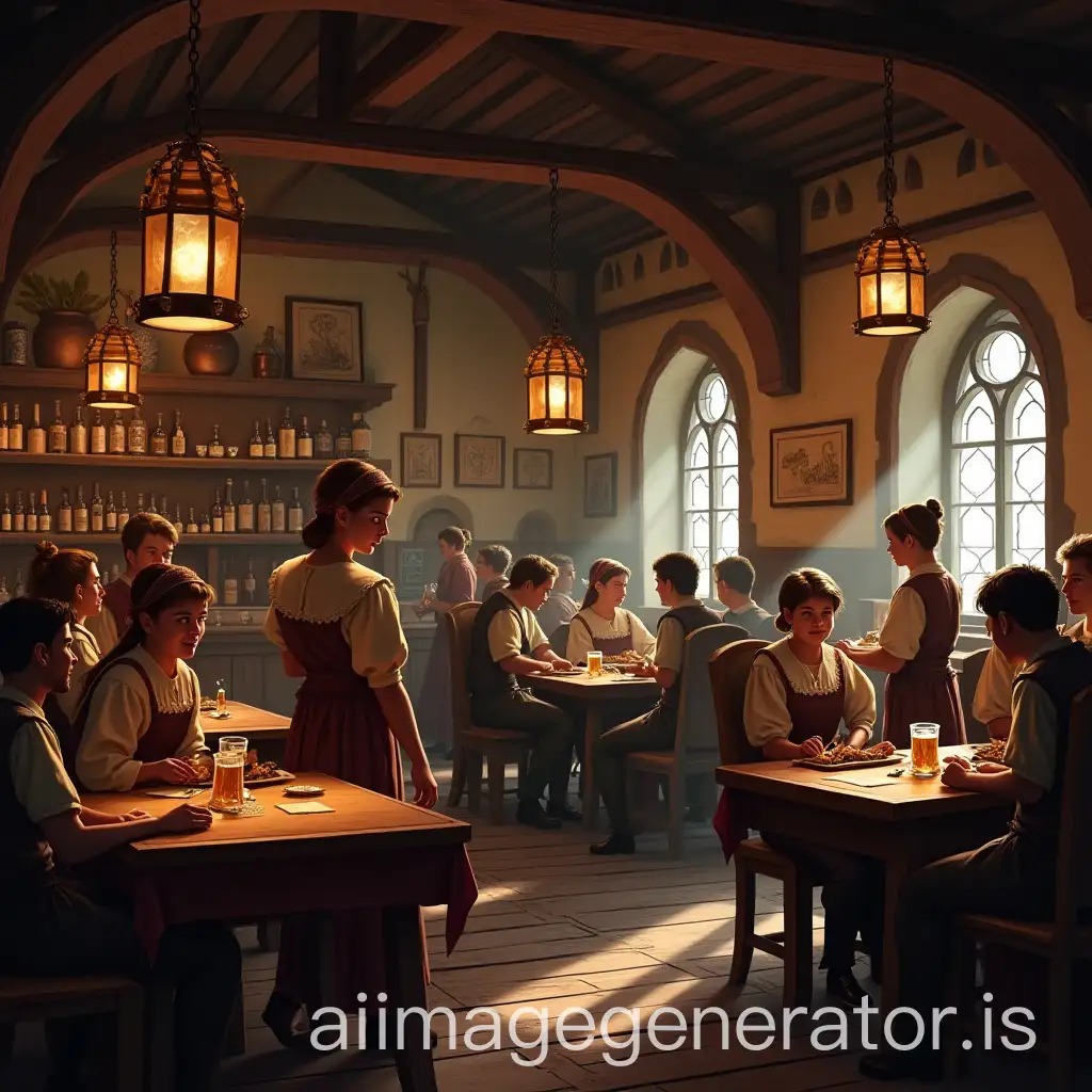 interior of an inn in the middle ages, 20 tables, 1 counter, 3 young waitresses who bring beers and meals on trays, many customers, merchants in medieval attire and animation