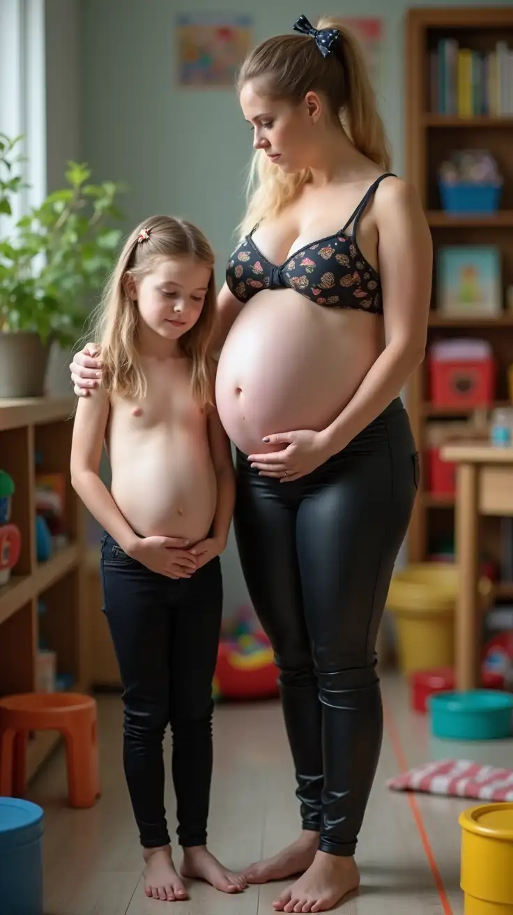 Mother-and-Daughter-with-Pregnant-Bellies-Surrounded-by-Toys-in-School-Setting