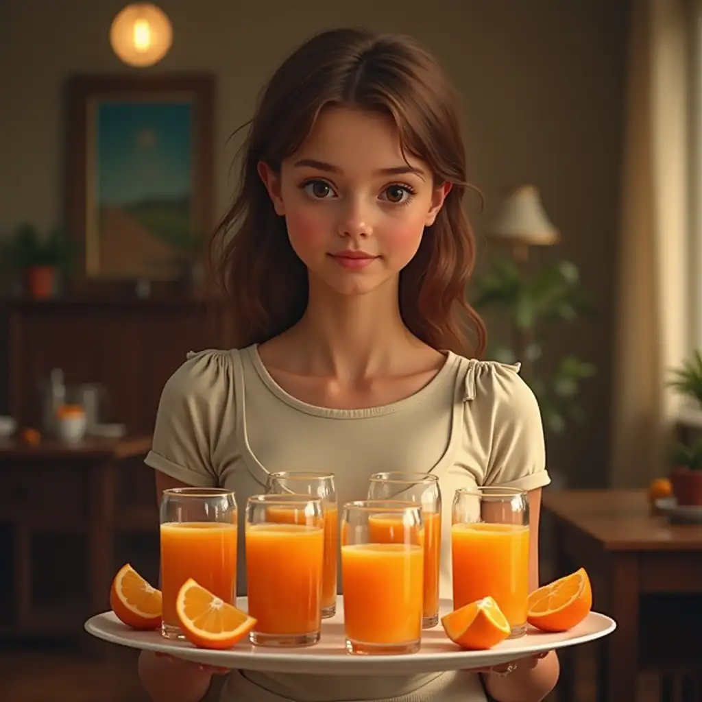 A young woman looks down shyly and comes forward to serve the guests with 6 glasses of Awake Awake oranges drink on a plate.