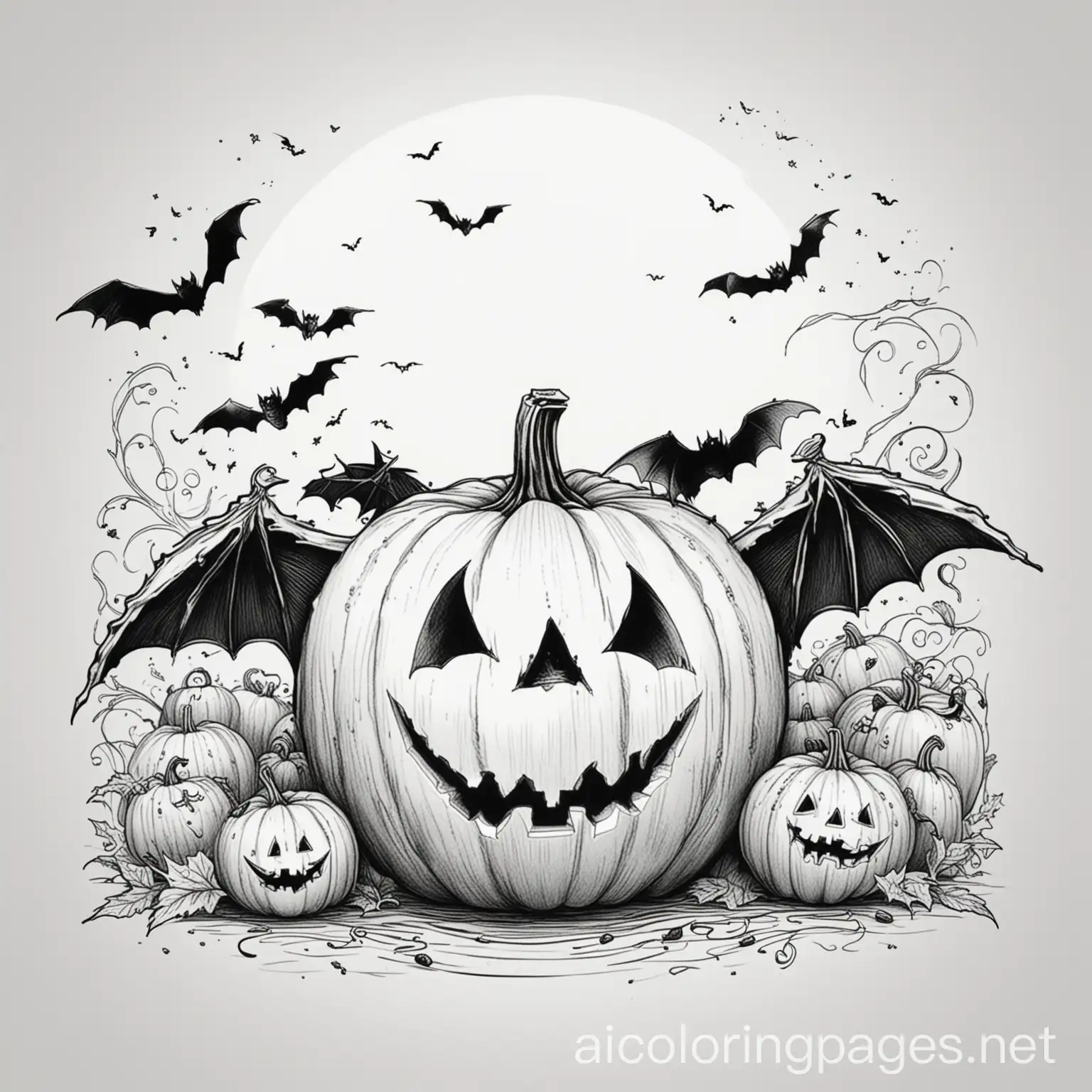 Spooky-Halloween-Pumpkin-and-Bats-Coloring-Page