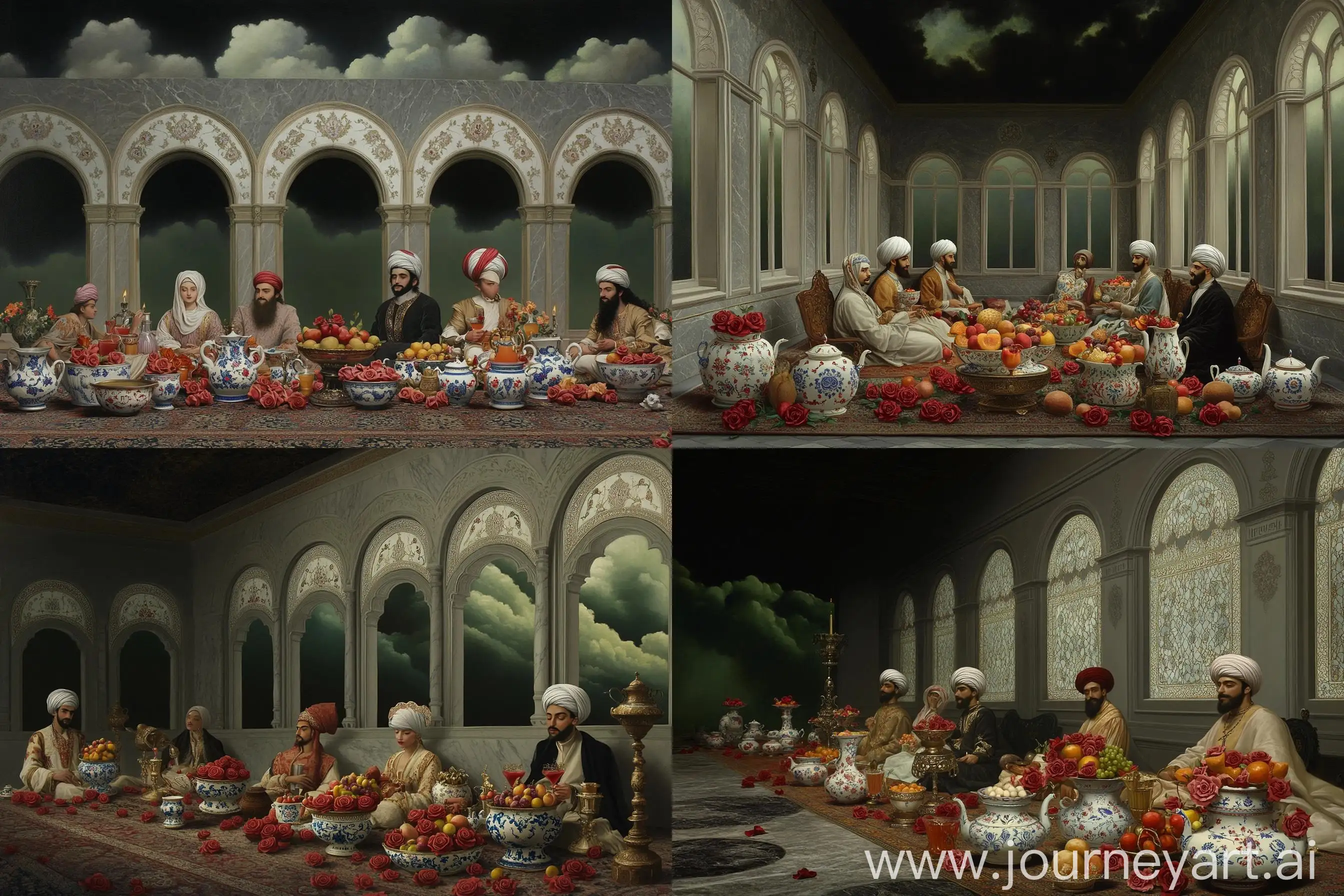 Medieval-European-Portrait-Painting-of-Princes-in-Arabian-Attire-and-Iznik-Ceramic-Utensils