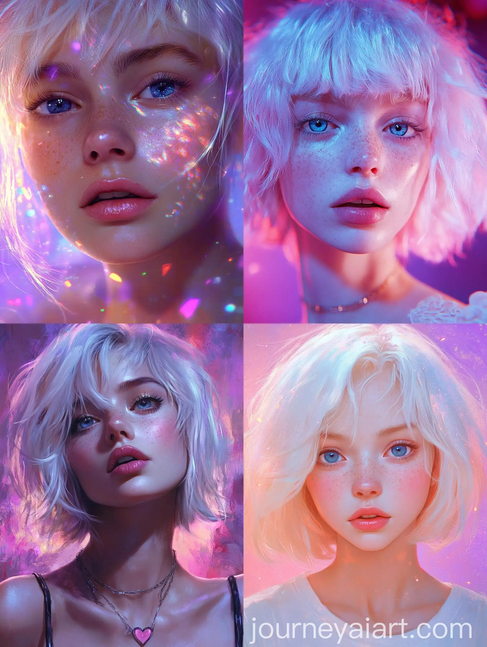 Dynamic-Woman-with-Short-Platinum-Blonde-Hair-in-Casual-Retro-Anime-Style-on-Deep-Purple-Dreamy-Abstract-Background