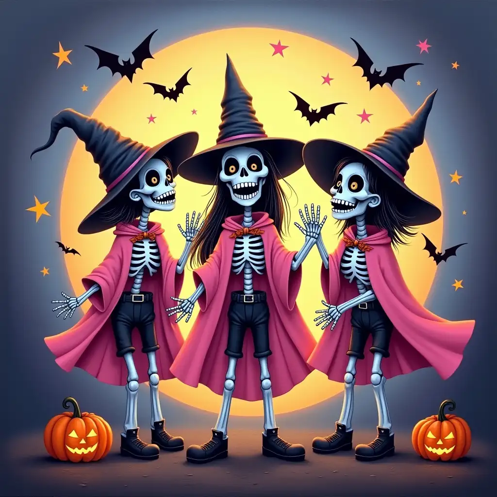 Oil painting ART. Create a Halloween-themed graphic featuring three skeleton witches dancing in a circle. The witches should be wearing pink capes and black hats, with pumpkins in their hands. Bats and stars should be flying around them, and a full moon should be visible in the background. The overall style should be lighthearted and fun, with a touch of cuteness.