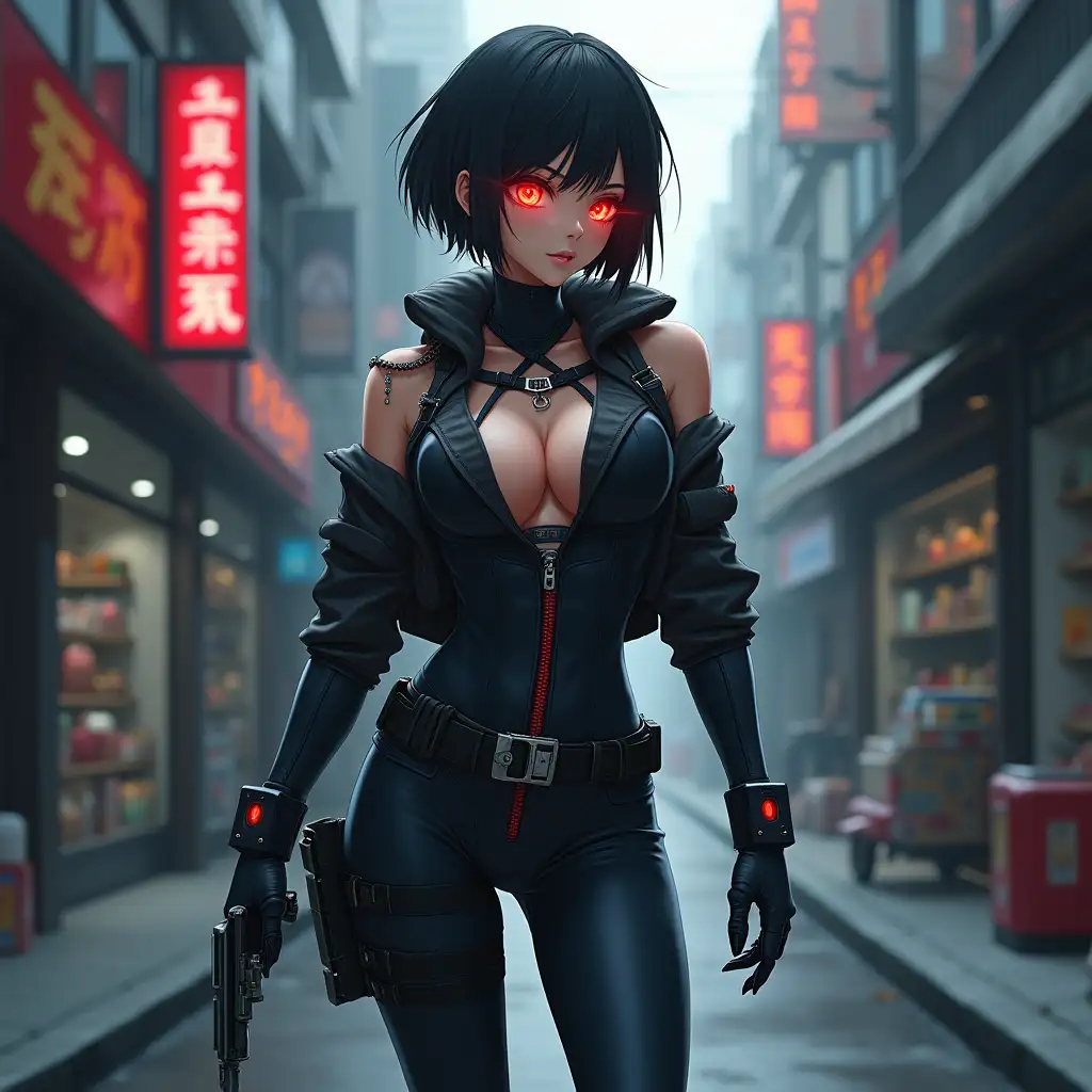 Short hair, mature Asian woman thief cyber runner in a dynamic full-length pose, eyes with red electronic pupils, large breast, extreme skintight body glove zipped down with cleavage, combat boots and combat belt. Full view of her body from boots up, low wide angle. Future store filled city alley street. Anime