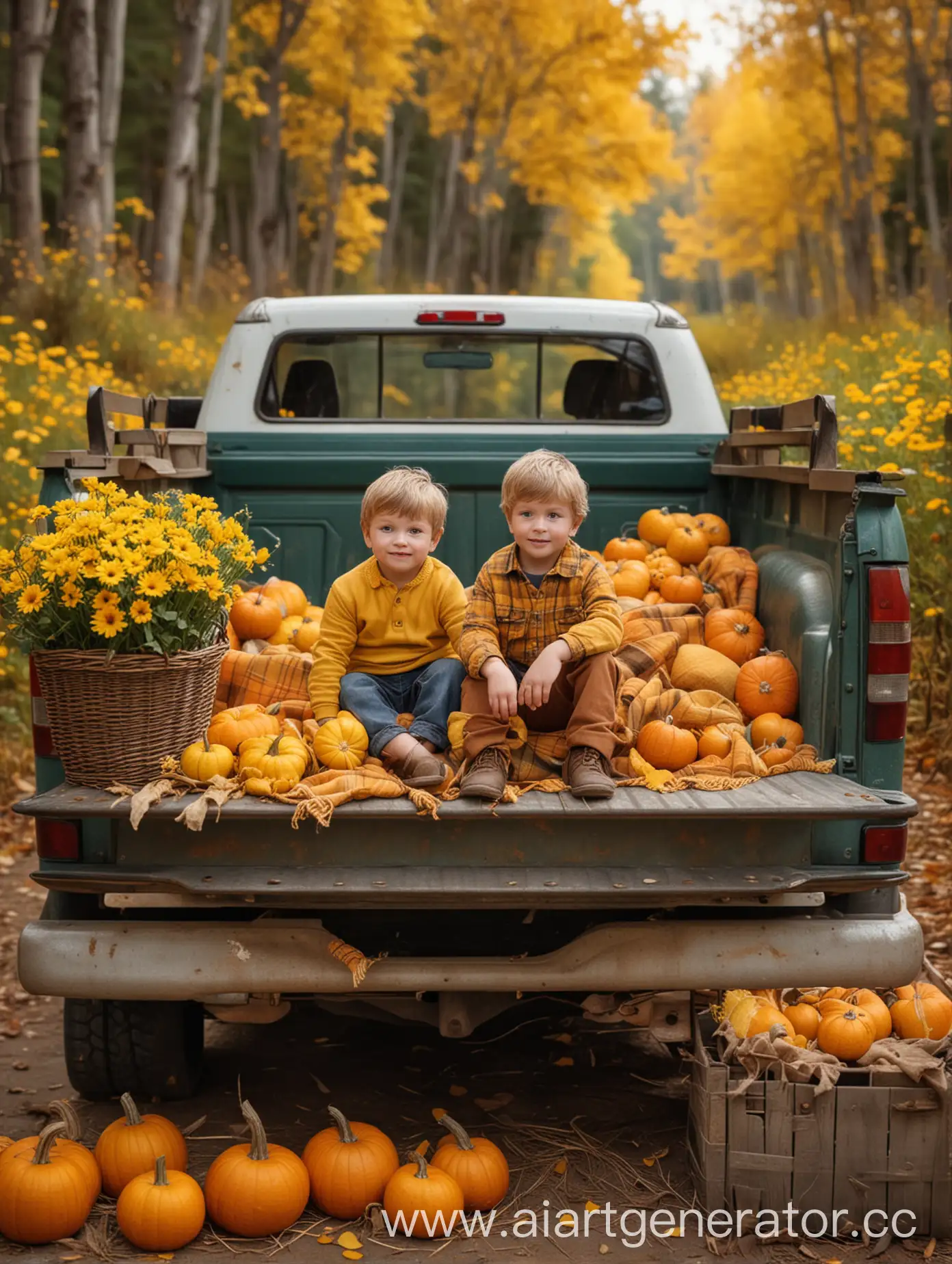 Autumn-Picnic-in-Pickup-Truck-with-Yellow-Flowers-and-Pumpkins