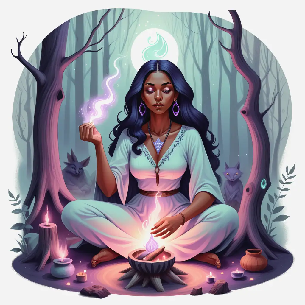 Ethnic Woman Performing Witchcraft Ritual in Forest Setting