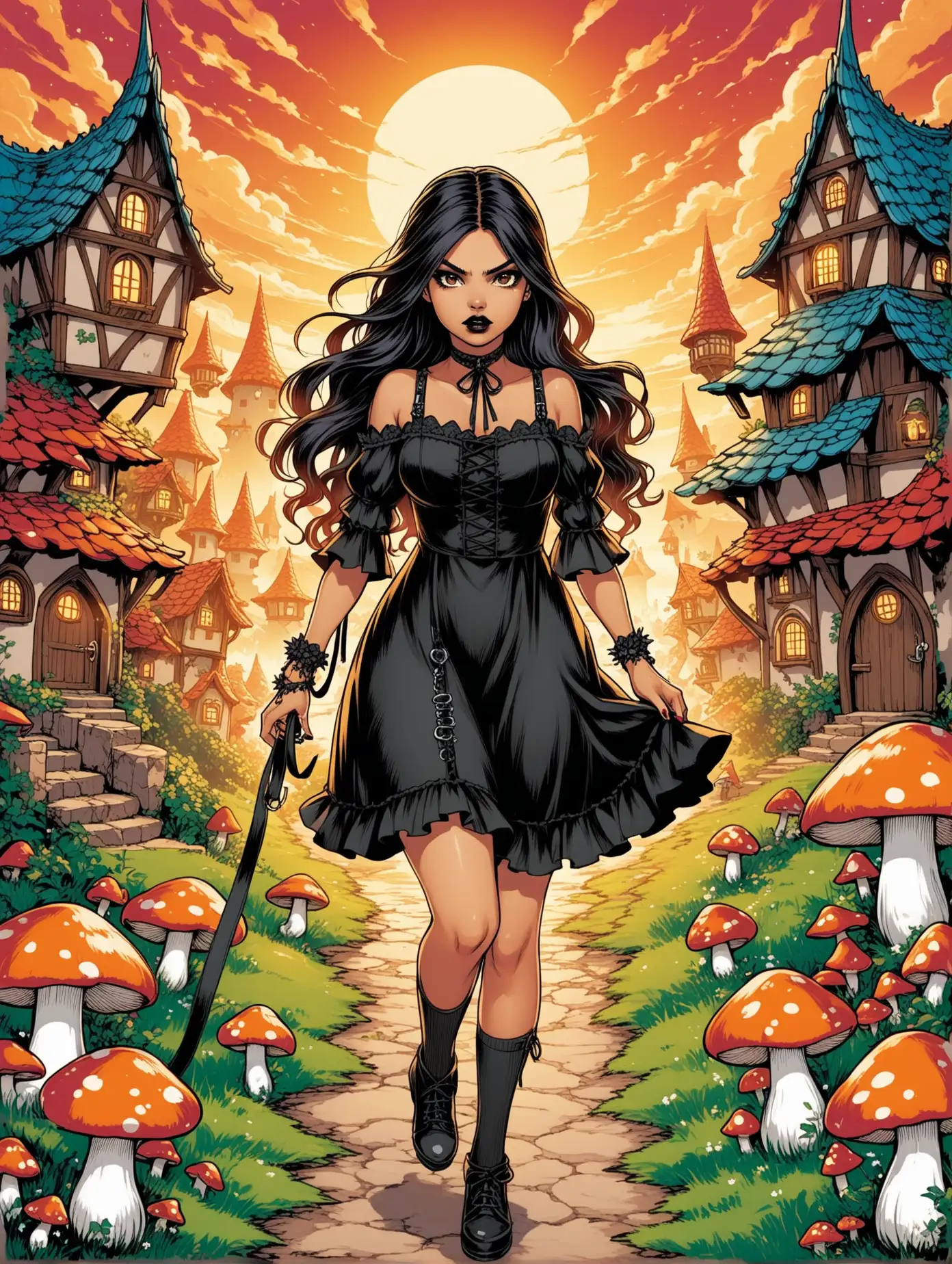 Stylish-Gothic-Latina-Woman-Walking-Dragon-in-Magical-Mushroom-Village