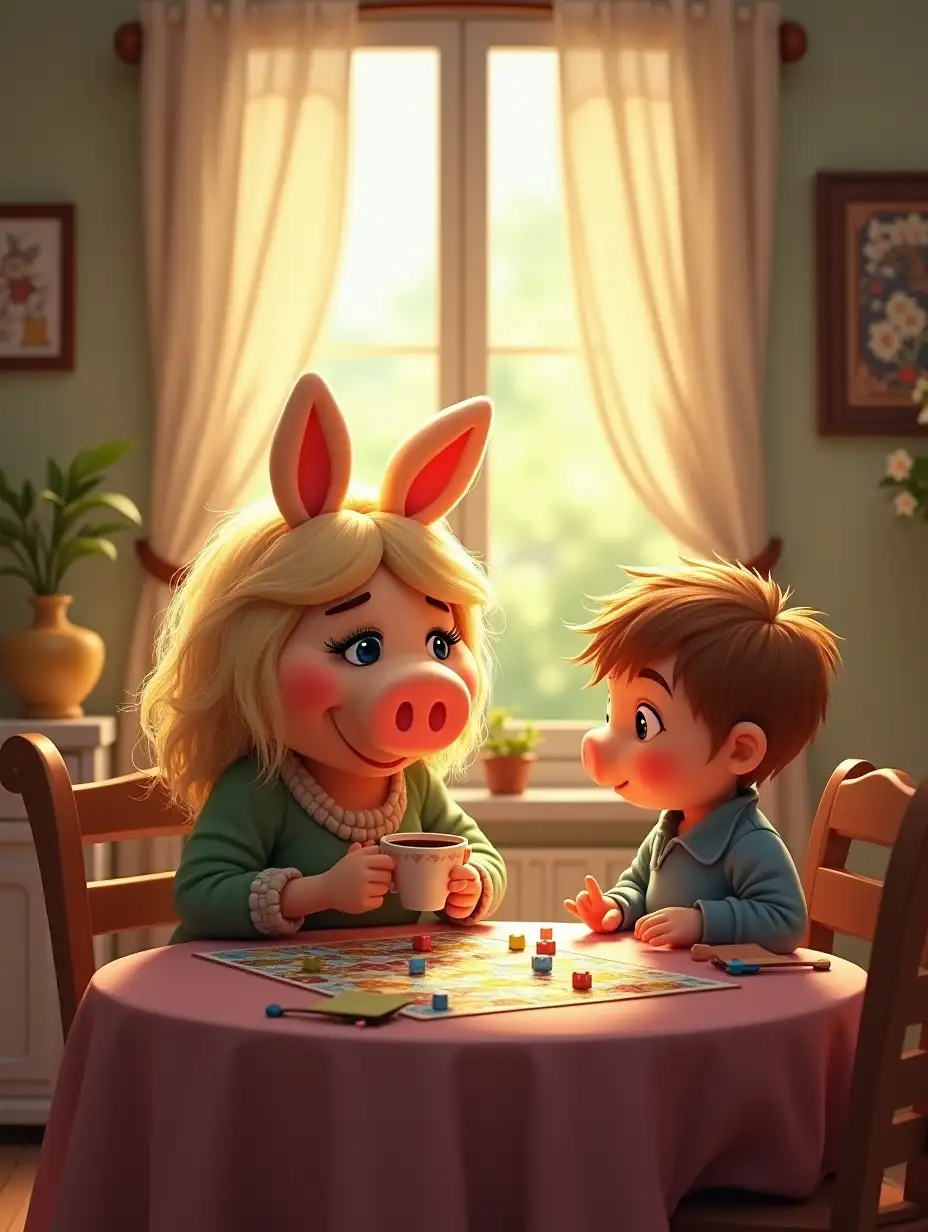 Miss Piggy and a little boy sitting at a table at their house in the morning. They are playing a board game together and Miss Piggy is drinking a cup of coffee.