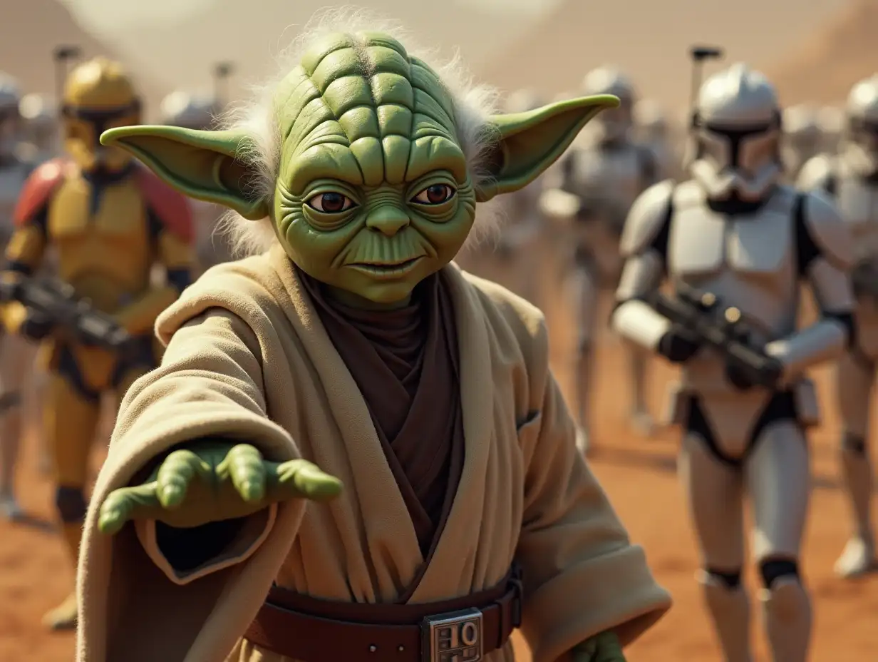 Yoda's hand is in the foreground of the image, in the background the battle of droids with clones