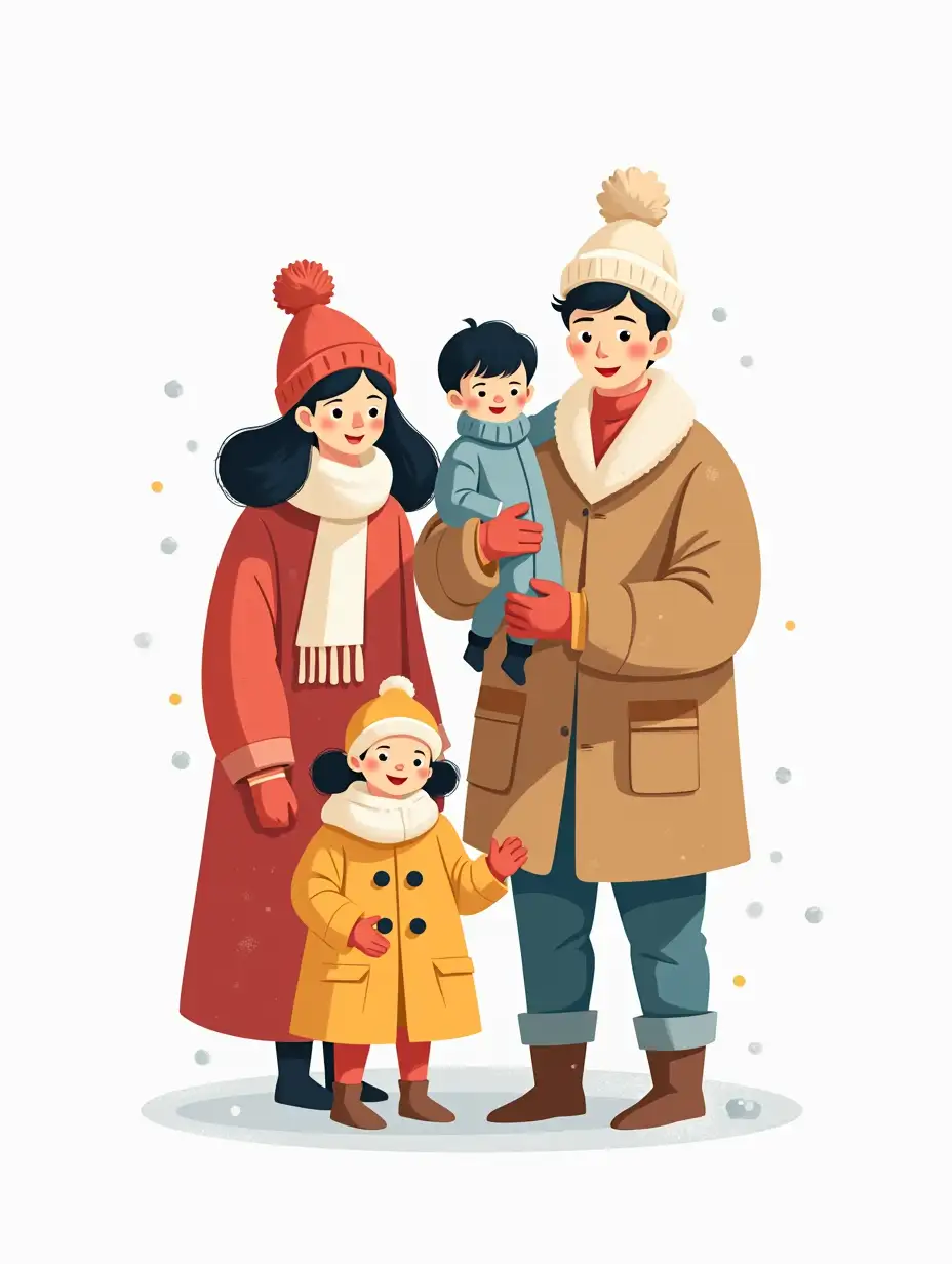 illustration of family in the style of Joey Chou, winter theme, white background