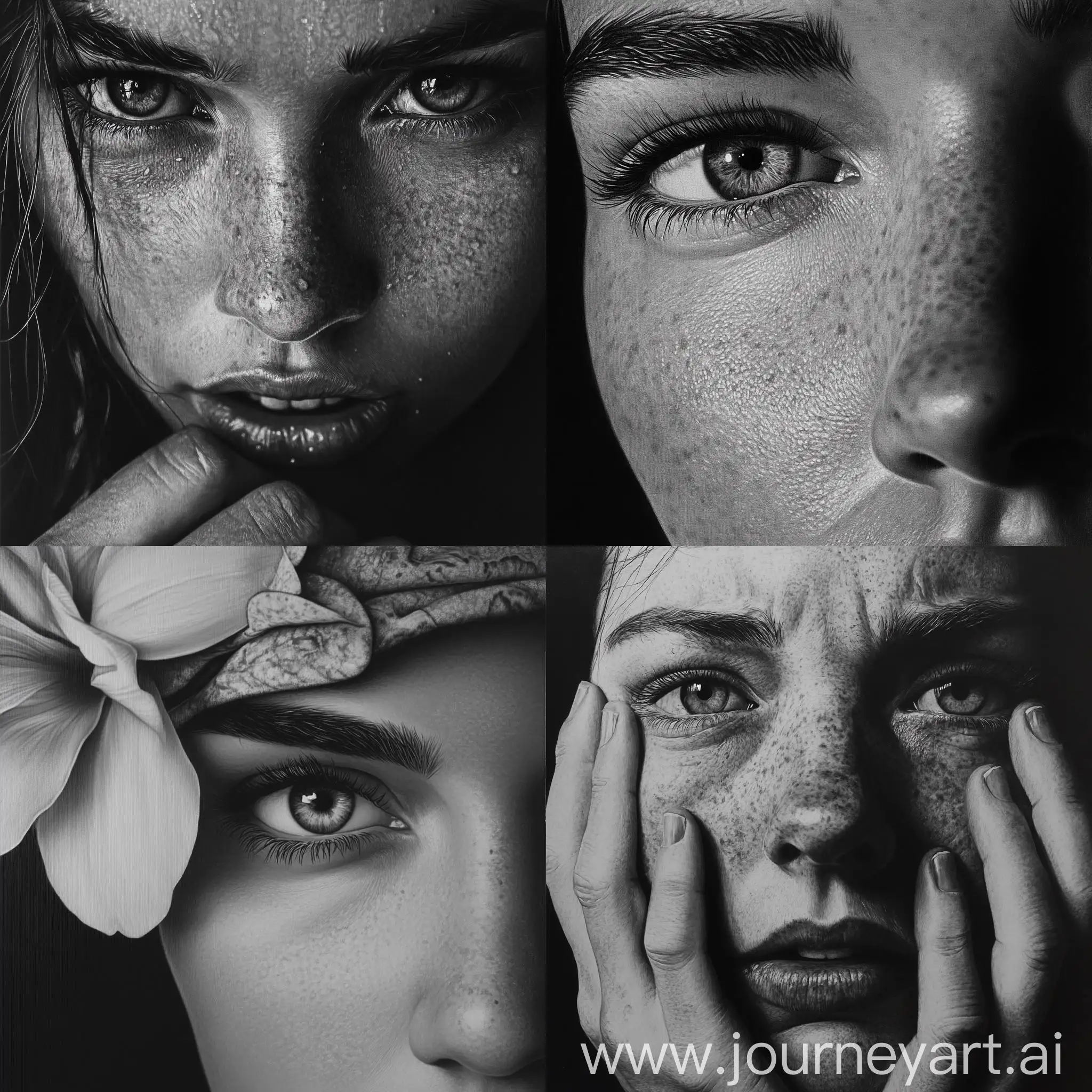 Hyperrealism-Black-and-White-Portrait-of-a-Woman-with-Piercing-Eyes