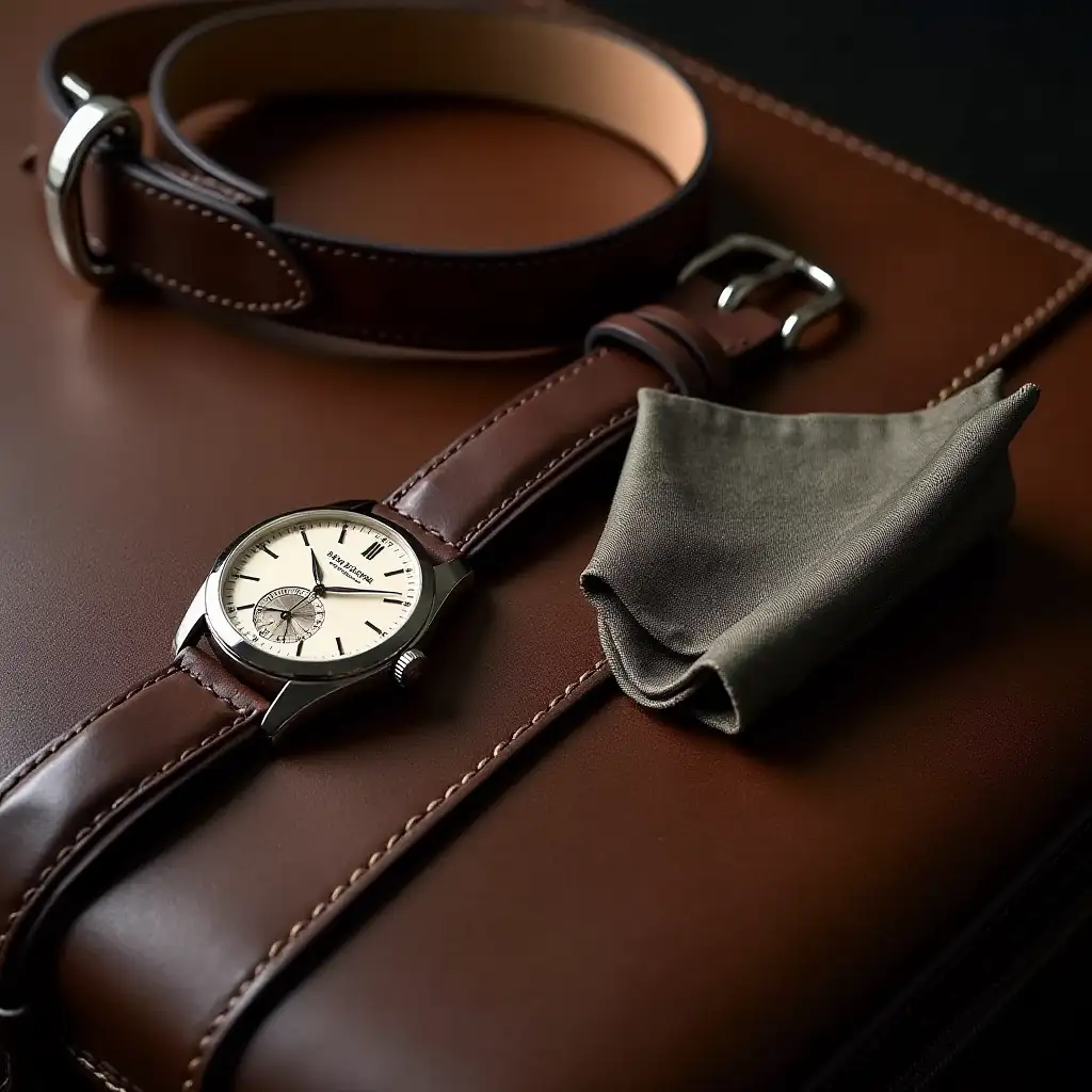 Accessorizing Old Money: Patek Philippe Calatrava watch, coordinated leather belt and bag, muted silk pocket square, soft studio lighting, focus on material quality, harmonious color palette, elegant simplicity.