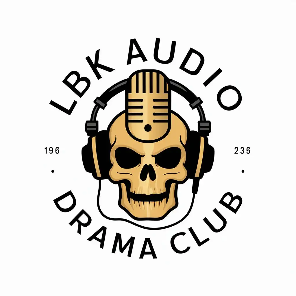 a vector logo design,with the text "LBK Audio Drama Club", main symbol:Golden microphone Headphones Cable Golden skull head,complex,be used in Entertainment industry,clear background