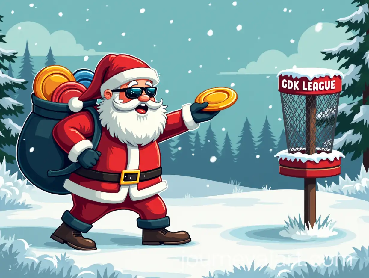 Cool-Santa-Claus-Playing-Disc-Golf-in-Snowy-Park-with-Frisbees-in-His-Bag