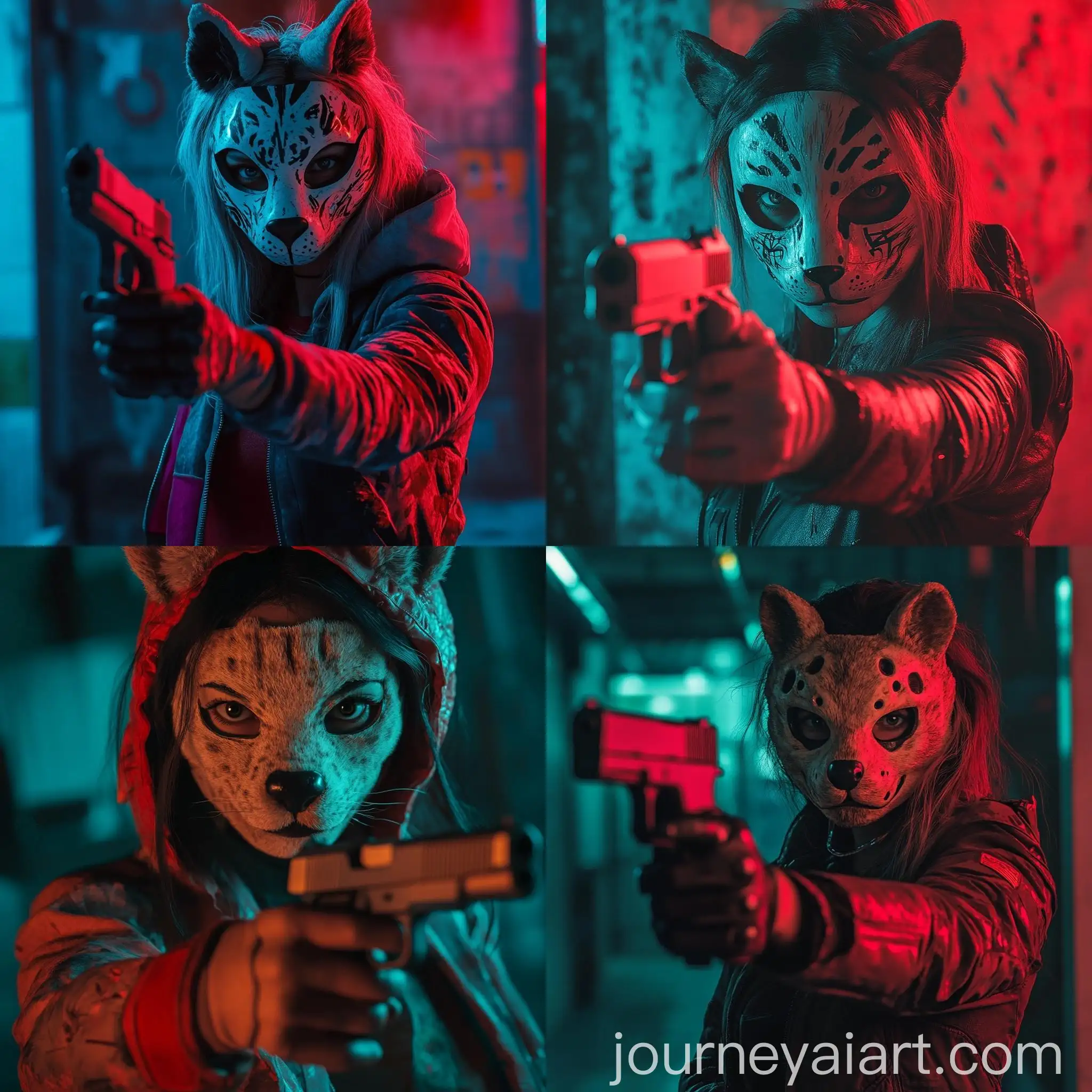 Teenager-Girl-in-Animal-Mask-and-Armor-with-Pistol-Hotline-Miami-Style