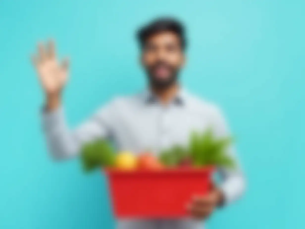 Young surprised shocked happy Indian man wear shirt hold red basket with food products vegetables do winner gesture isolated on plain pastel blue background. Delivery service from shop or restaurant.