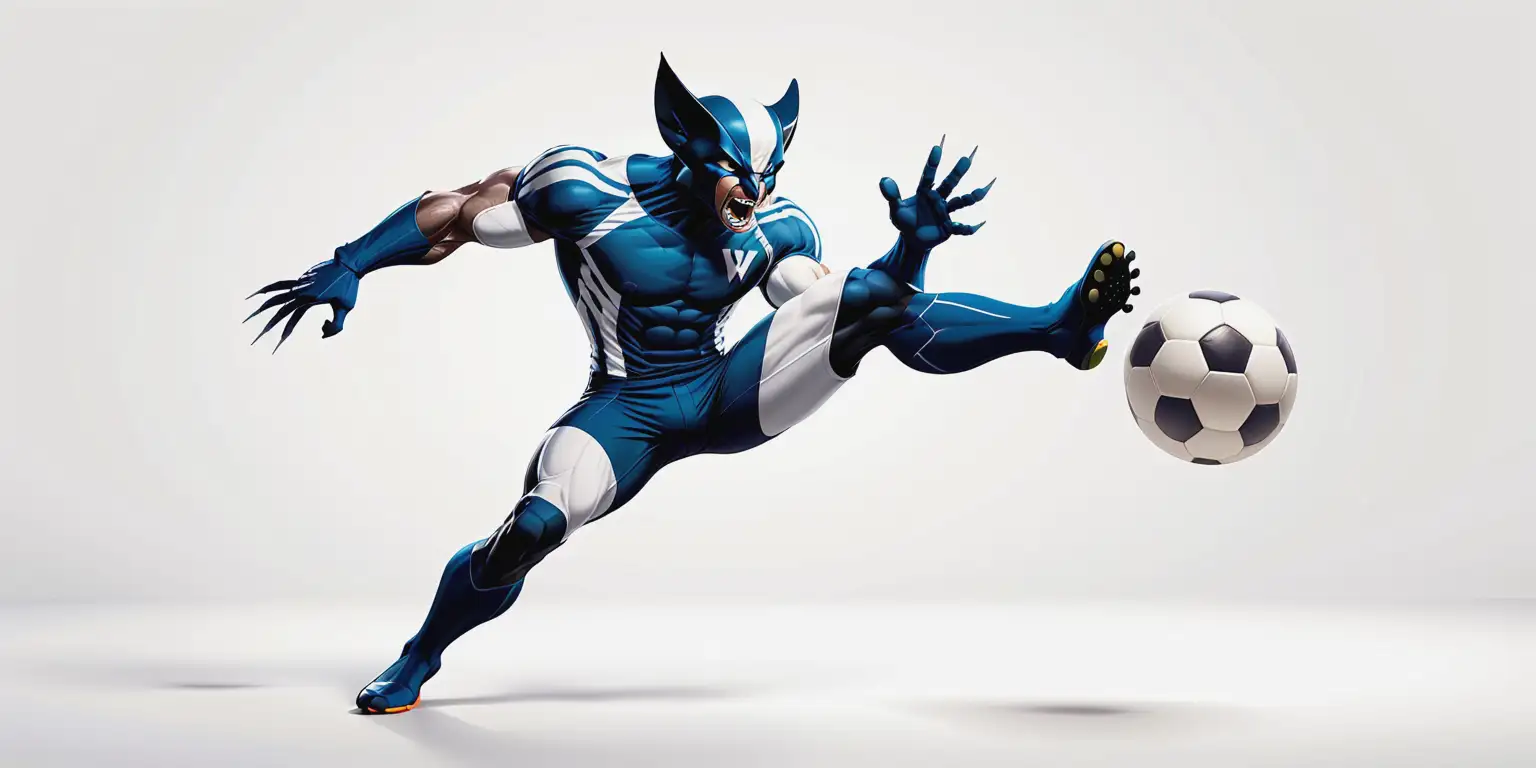 Cartoon Wolverine Soccer Player Kicking Ball in Navy Blue and White