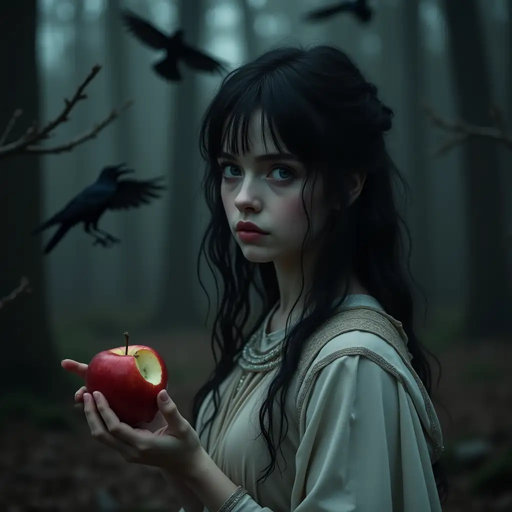 Young-Woman-Holding-a-Red-Apple-in-a-Dark-Forest-with-Crows
