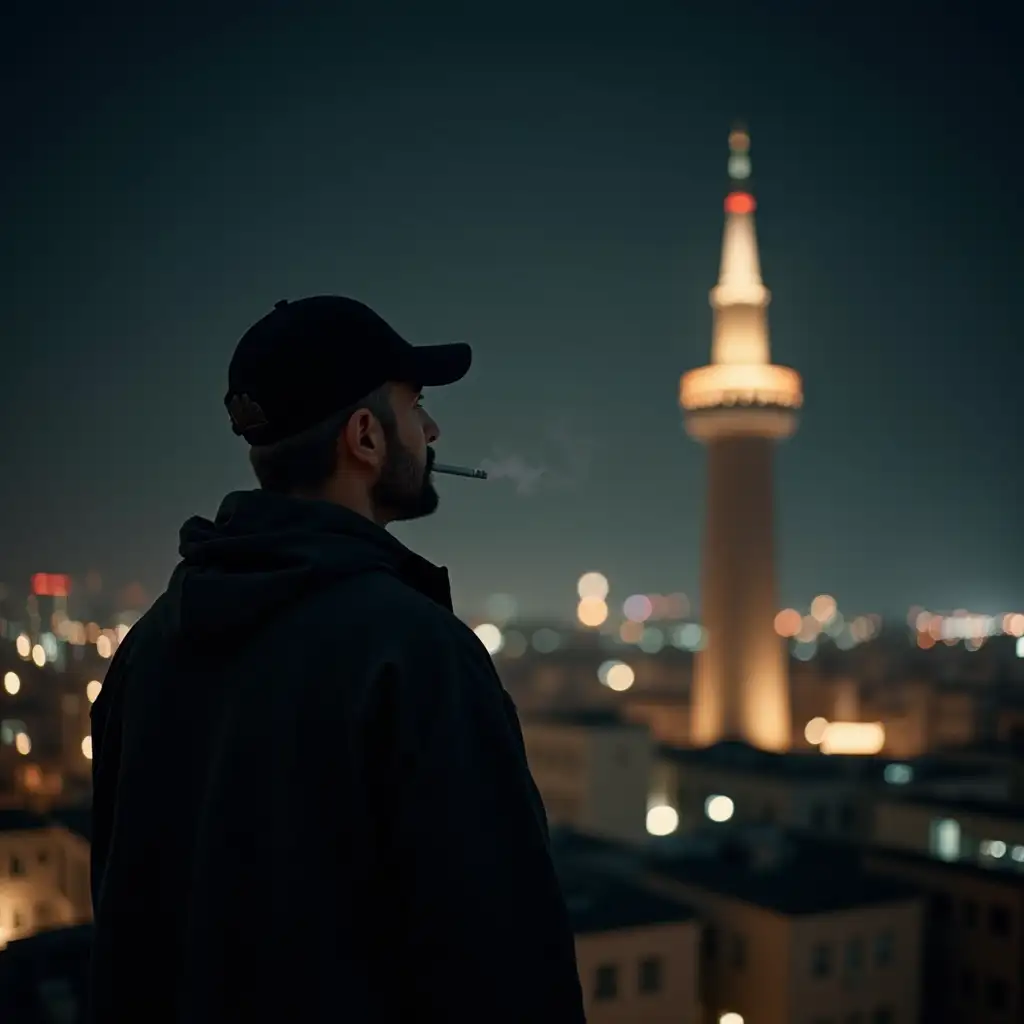 Man-in-Baggy-Clothes-Smoking-While-Gazing-at-Milad-Tower-in-Tehran-at-Night