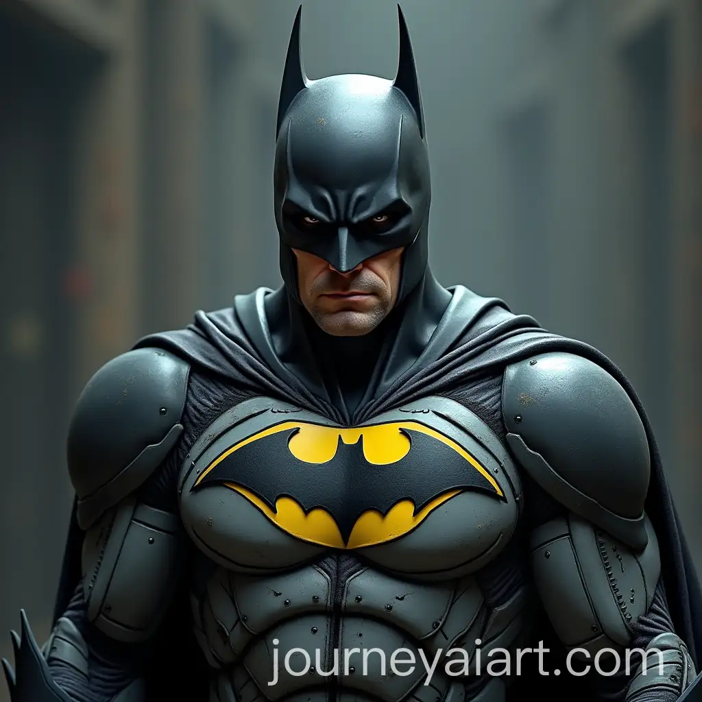 Older-Batman-in-Armored-Gray-Suit-with-Yellow-Bat-Symbol