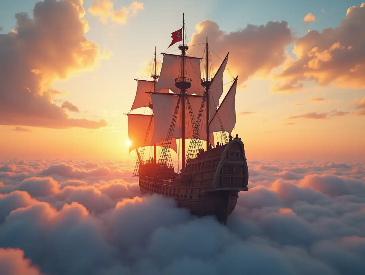 An ancient pirate ship with crew on board, sailing across the sky among the clouds, sunrise, beautiful sky, photo realistic, 4k