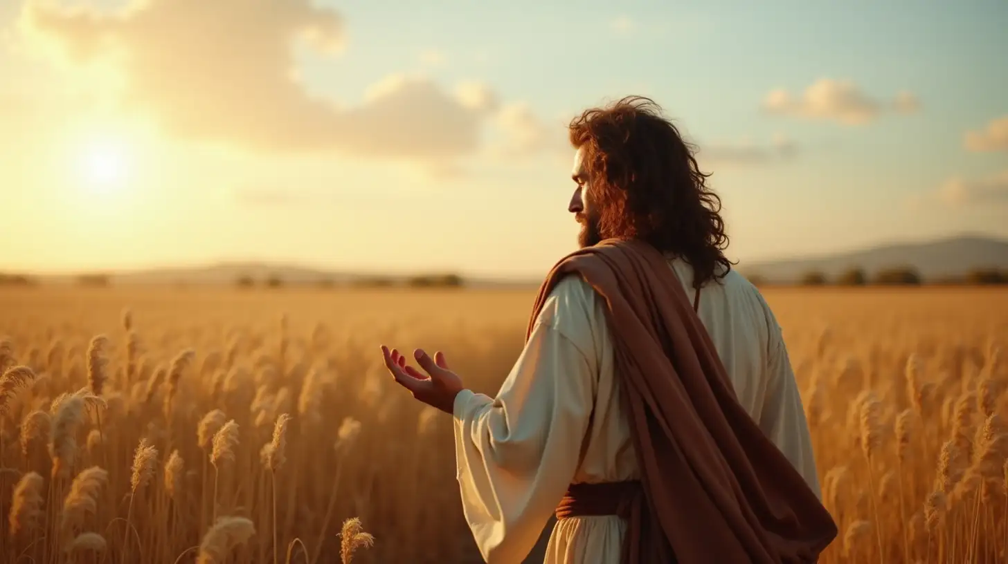 Biblical Era Man Walking Through Reeds Under Magnificent Sky