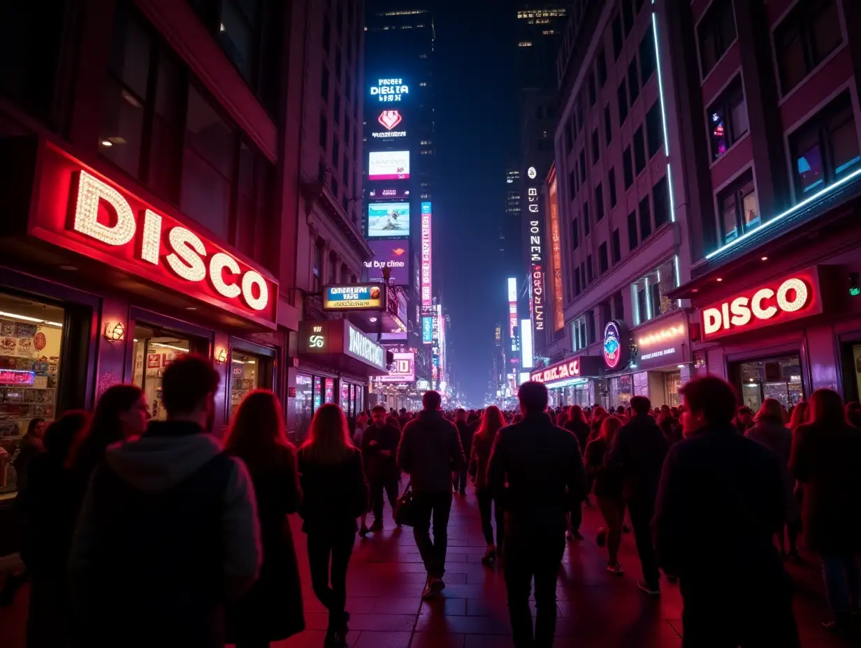 street of new york in front of the disco with many people on the street, neon lights, nightlife