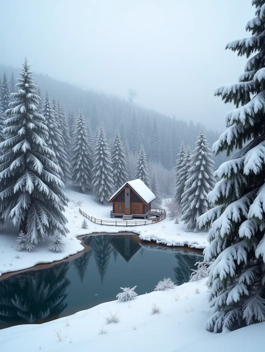 Winter-Landscape-with-Snowy-Forest-Wooden-Izba-and-SnowCapped-Fir-Trees