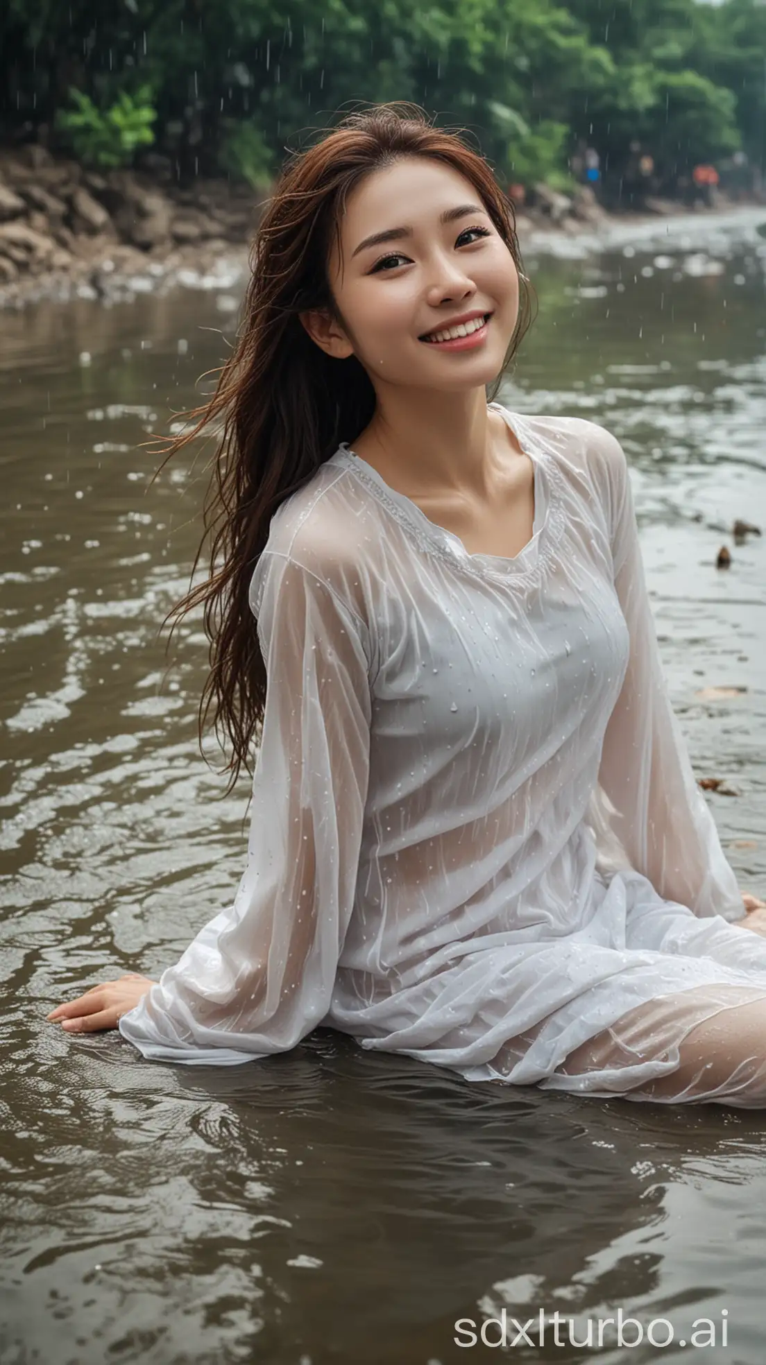 Chinese-Woman-in-Wet-Dress-Lying-in-River-During-Rainy-Season