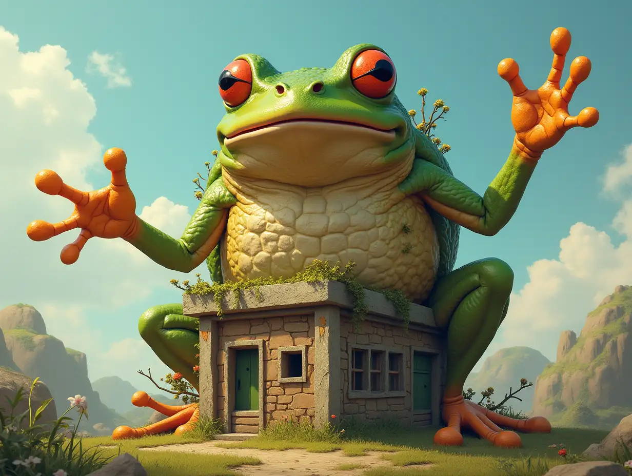 Create a mix between Tasty Frog and a man transforming into a building