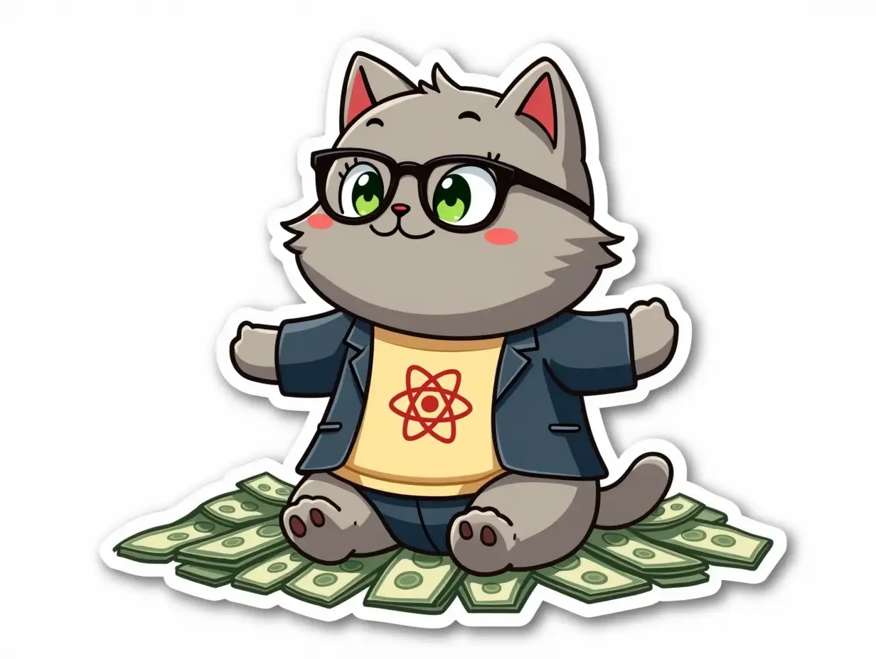 A curvilinearly cut sticker depicting a kawaii positive fluffy gray cat with glasses and green eyes in office clothes with an atom symbol on t-shirt. The cat sits on a pile of money and throws banknotes over himself. Vibrant and dynamic die cut sticker design top-view, high resolution, vector art, white background, paint in anime style