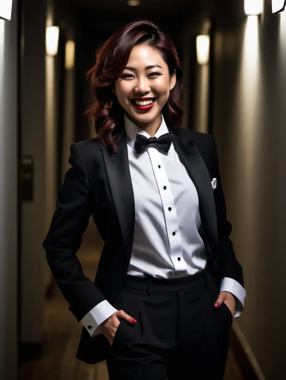 Sophisticated-Japanese-Woman-in-Black-Tuxedo-Smiling-in-Darkened-Hallway