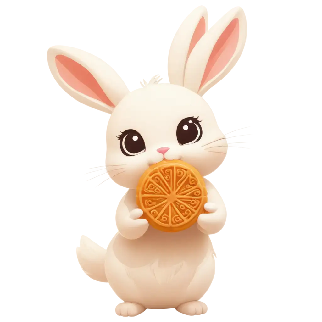 Cute moon rabbit treasure biting a mooncake, front, sticker style