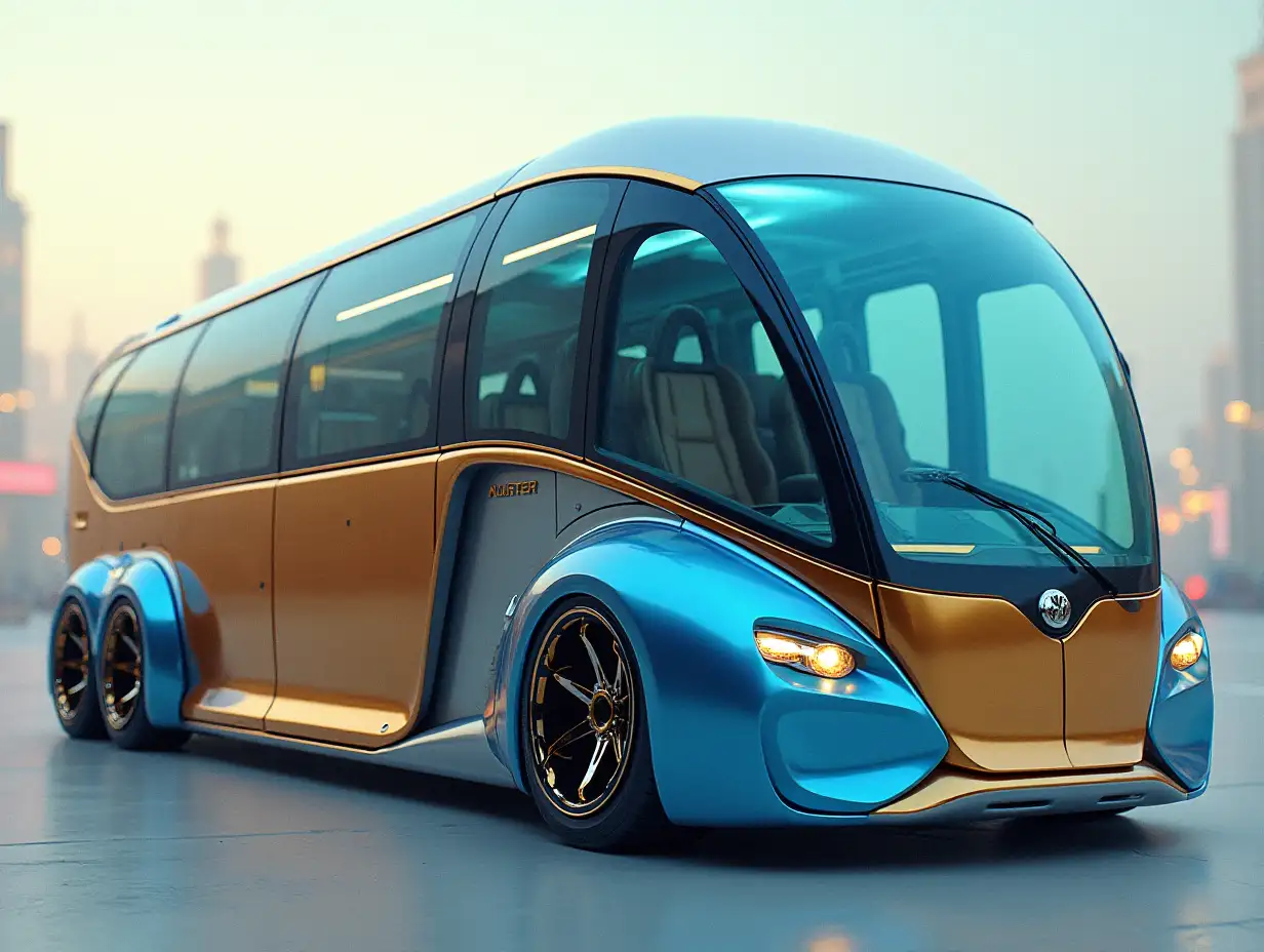 Supermoderne utopische Sportarten Omnibus with Gold and Silver Blitzblue color with Ball, lowered bodywork, 18-inch rims, aluminum wheels, Cyberpunk.