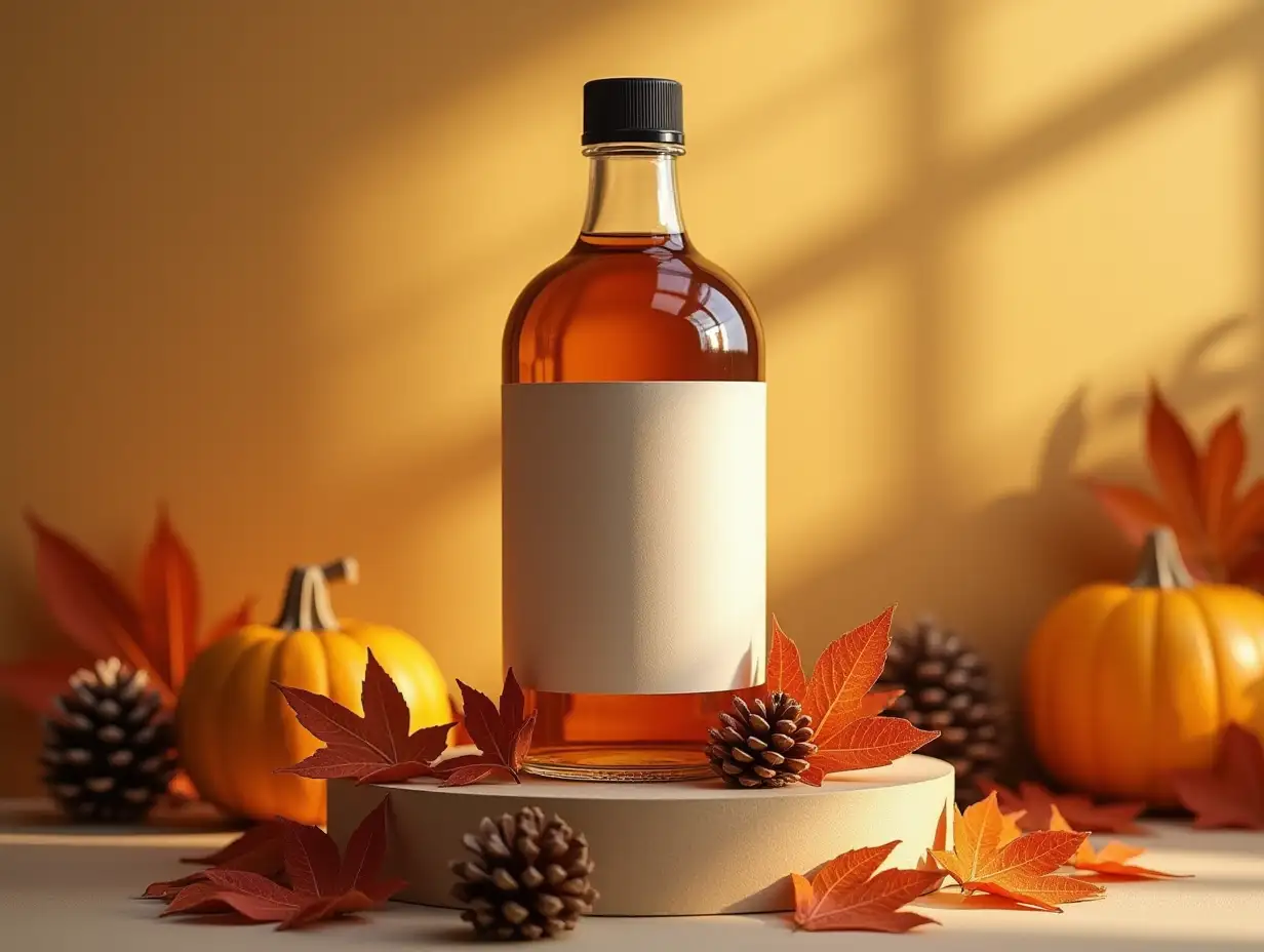 Amber glass bottle with blank label standing on podium with autumn leaves and pine cones in a fall season scene