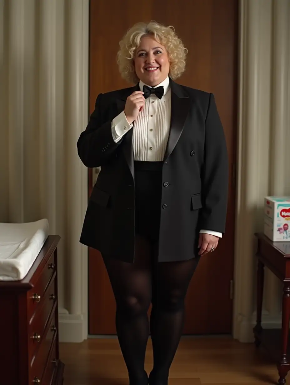 Smiling-MiddleAged-Woman-in-Formal-Orchestra-Tuxedo-Standing-by-Nursery-Changing-Table