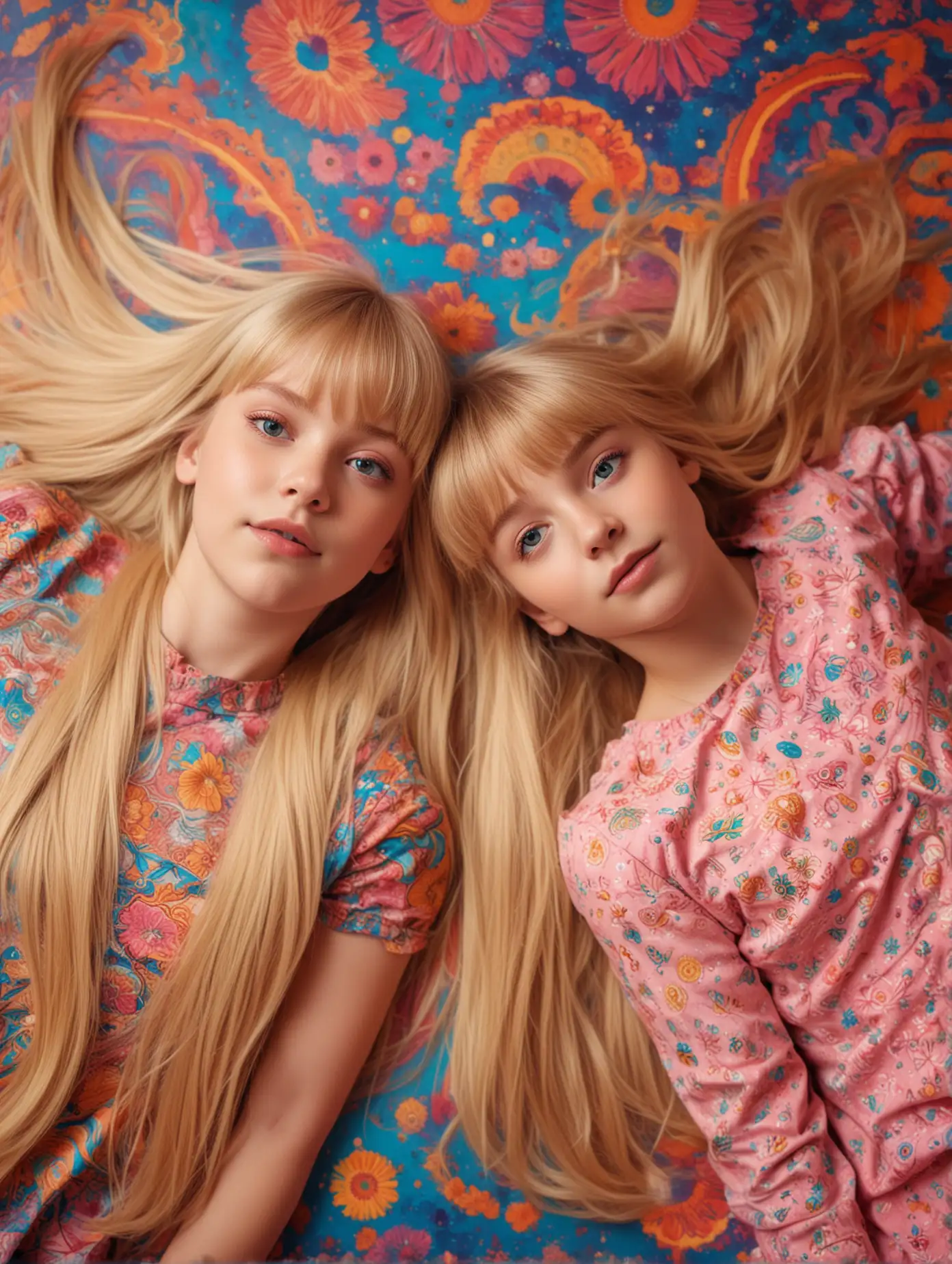 Two-Young-Girls-Lying-Down-on-Psychedelic-Background