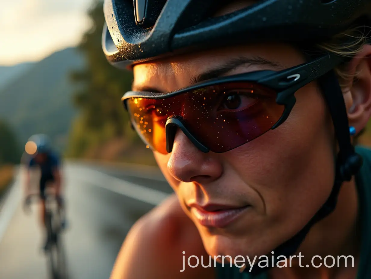 Cyclist-in-Motion-with-Rain-and-Reflections-on-Sunglasses-During-Golden-Hour