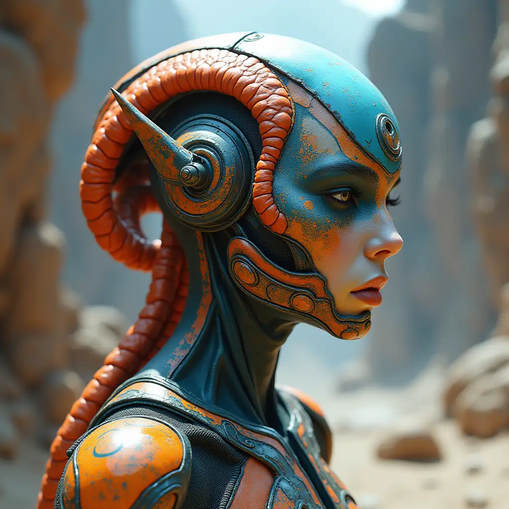 Hyperrealistic of a beautiful alien queen futuristic that are intricately detailed, colorful and rocky background