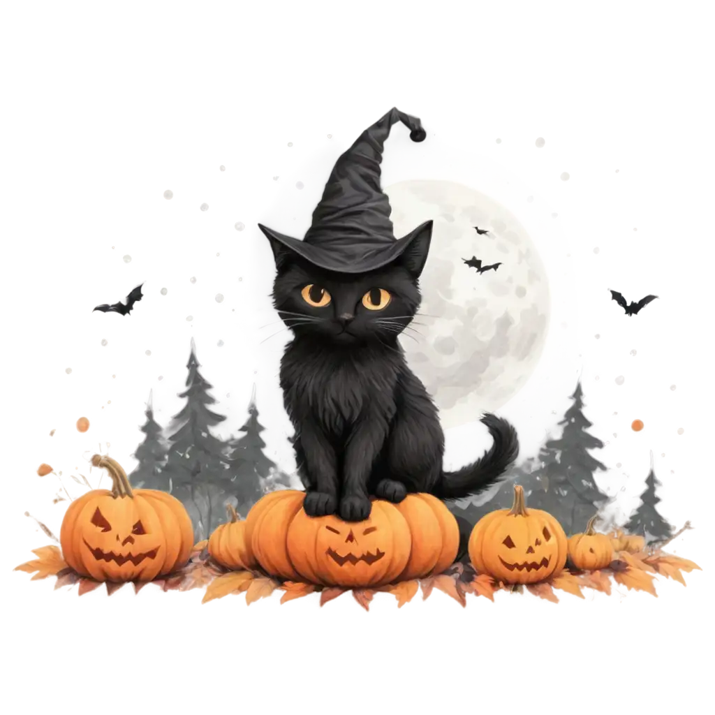 Cheerful-and-Spooky-Halloween-PNG-Black-Cat-Pumpkin-and-Witchs-Hat-with-Halloween-Elements