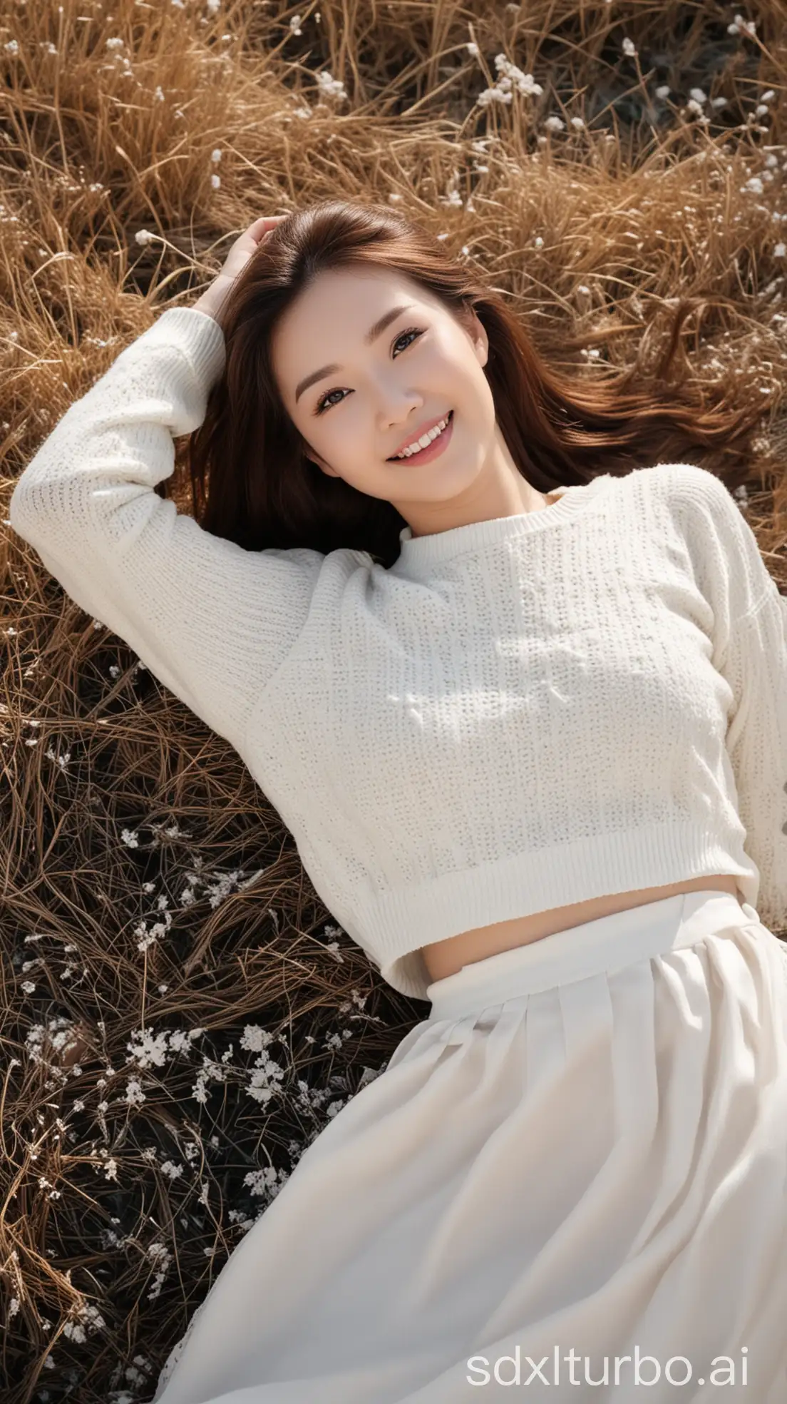 Chinese-Woman-in-Winter-Fashion-Lying-on-the-Prairie-with-Natural-Beauty