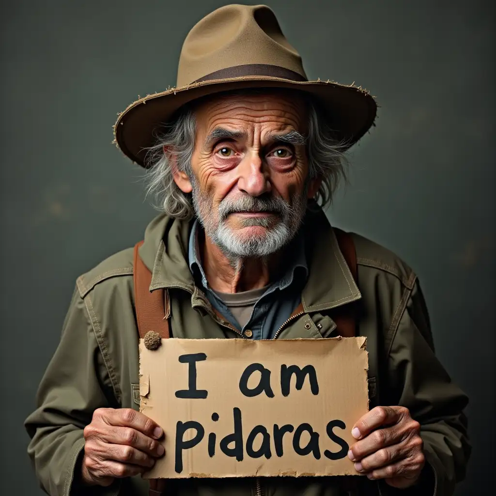 Hobo with a sad face with torn clothes, torn hat and a cardboard sign around his neck with 'I am pidaras' written on it