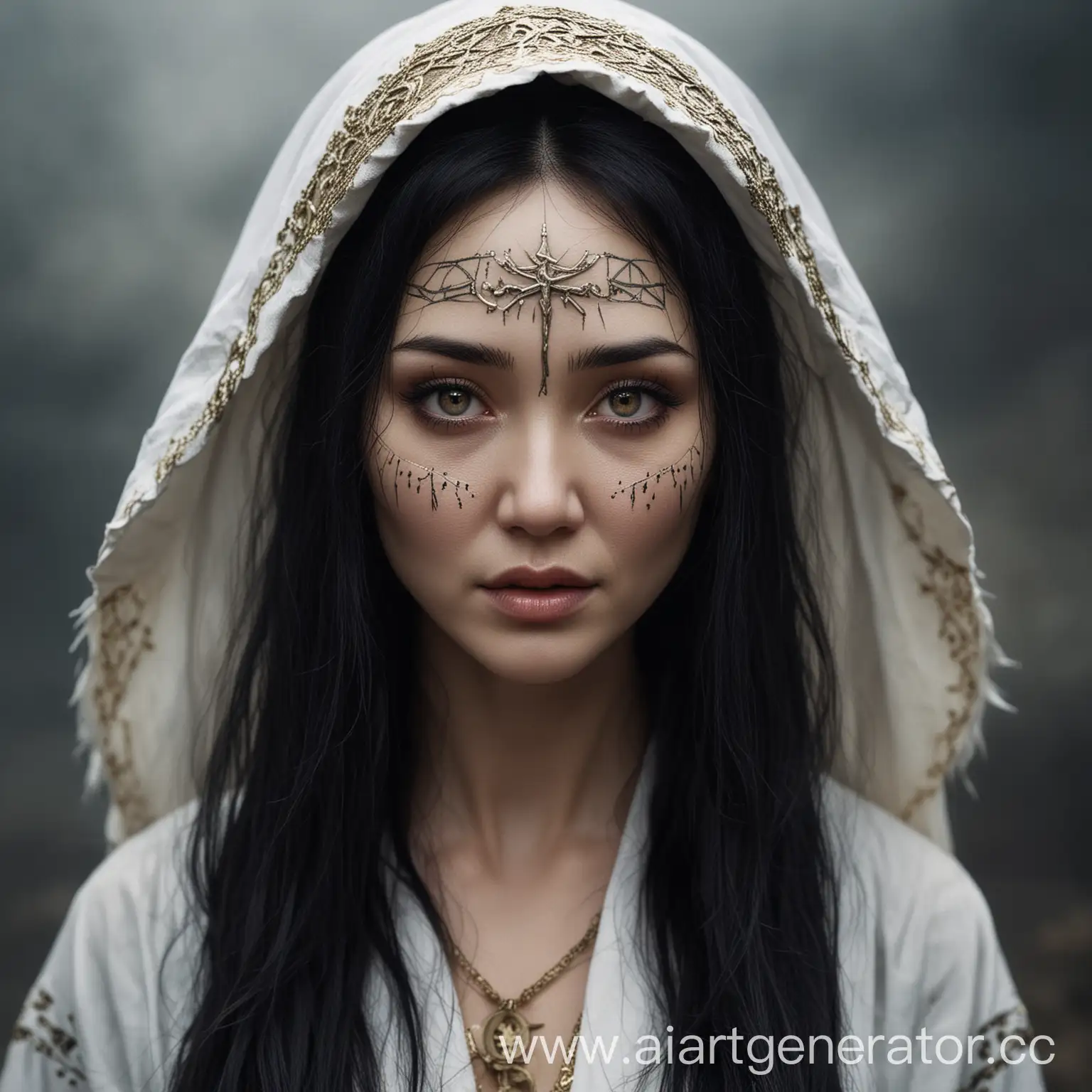 Kazakh witch, very beautiful, proud look, black hair, pale skin, white robe with golden runes. In her shadow is a scary witch, in dark clothes, face covered with dirty gray hair, a grinning mouth.