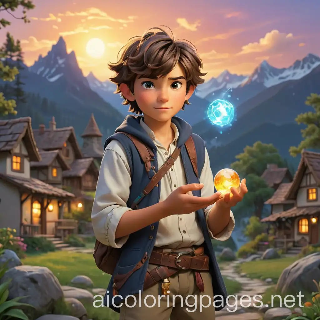 Fantasy-Village-in-the-Mountains-with-a-Young-Boy-Holding-a-Glowing-Magic-Stone